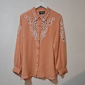 Bob Mackie Wearable Art Peach Silk  Blouse with White Embroidery